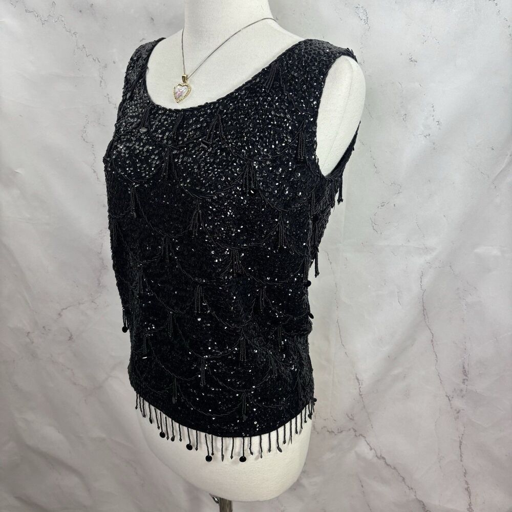 Vintage 60s Flapper Black Shiny Beaded Blouse Top Fringe Sequins Silk M Glam - Picture 7 of 16